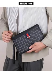 Detailed close-up of men's checkered business clutch with kangaroo logo and striped webbing