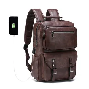 Men Retro PU Leather Business Backpack Large Capacity Laptop Bag With USB Charging Port Casual Travel Daypack Waterproof