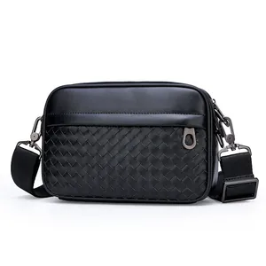 Sac Bandoulière Homme en Cuir PU Tissé à la Mode Casual Street Tendance Sacoche Messenger Motif Intrecciato Classique Carré