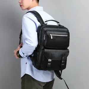 Men's leather business backpack for 15.6-inch laptop with large capacity and metal buckles