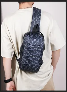 Detail of camouflage sling bag with anti-theft combination lock and USB charging port