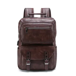 Men's leather business backpack in dark brown with multiple compartments for 15.6 inch laptop