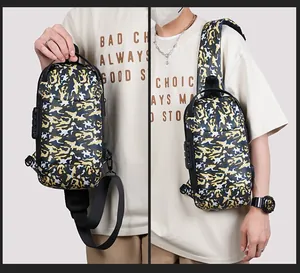 Detail of camouflage sling bag showing side combination lock and top handle