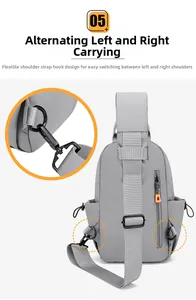 Detail of gray crossbody chest bag showing interchangeable shoulder strap D-rings and rear pocket
