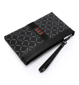 Detailed top view of men's leather envelope clutch with brand logo and striped ribbon
