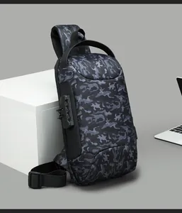 Detail of camouflage sling bag showing side combination lock and USB charging port
