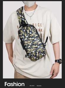 Detail of high-capacity camo crossbody bag with anti-theft lock and adjustable strap