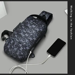 Detail of camouflage chest bag showing integrated USB charging port for smartphones