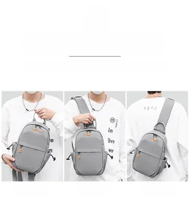 Detailed views of grey crossbody sling bag showing handbag, shoulder, and back carry modes