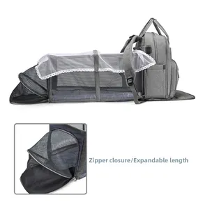 Macro detail of the expandable baby diaper bag with mesh sides and mosquito net