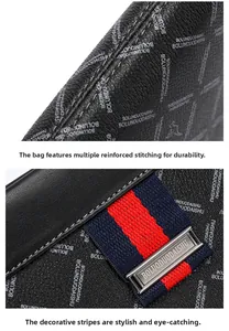 Detail of reinforced stitching and tricolor stripes on a black textured men's clutch