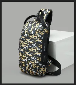 Detail view of camouflage sling bag with external USB port and vertical fashion text
