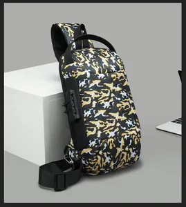 Detail view of anti-theft camouflaged crossbody bag with integrated three-digit combination lock