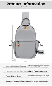 Detailed size chart for gray men's crossbody bag showing dimensions 18x31x9cm