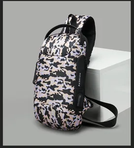 Detail of camouflaged chest bag showing USB charging port and breathable mesh strap