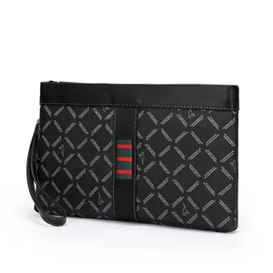 Men's Business Casual PU Leather Clutch Bag With Stripe Webbing Lattice Pattern Large Capacity Envelope Bag For Men
