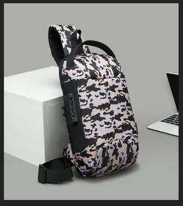 Detail of anti-theft camouflaged sling bag featuring a secure numeric combination lock