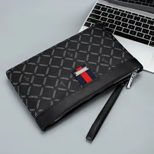 Men Business Casual PU Leather Clutch Bag Checkered Rhombic Pattern Envelope Handbag Large Capacity Wristlet Strap Purse