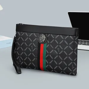 Men's Business PU Leather Clutch Bag with Metal Lion Head Red Green Stripe Fashion Envelope Handheld Bag Large Capacity