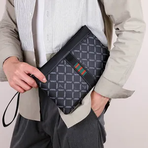 Men's business clutch bag in black leather with kangaroo pattern and striped detail