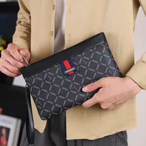 Men's large capacity checkered business clutch bag with embossed pattern and wrist strap