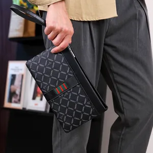 Business men's black embossed leather clutch bag with iconic green and red stripe detail