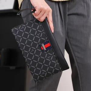 Men's black leather business clutch with checkered logo pattern and red blue strap