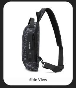 Detailed side view of camouflage sling bag with USB charging port and mesh shoulder strap
