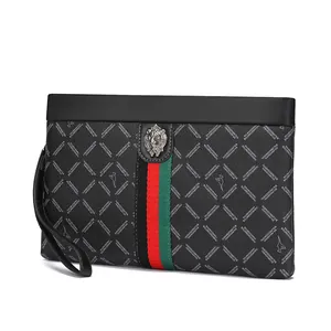 Men's black leather business clutch with lion head logo and green-red stripe detail