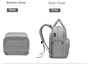 Detailed bottom and side views of gray multi-layer diaper bag showing zippers and structure