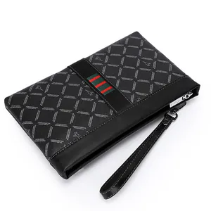 Business men's black leather clutch bag with diamond pattern and wrist strap