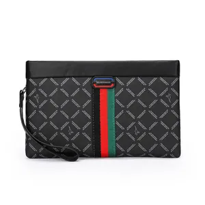 Retro zwarte heren business clutch met ruitpatroon en rood-groene gestreepte afwerking