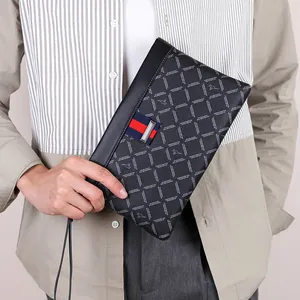 Men's black checkered clutch bag with logo print and red-blue ribbon detail