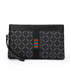 Men's business envelope clutch bag with leather texture and classic striped webbing