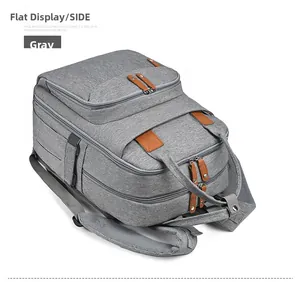 Side view of grey multifunctional diaper backpack with durable oxford fabric and leather pulls