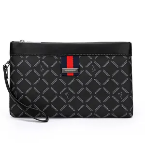 Classic black men's business clutch bag with checkered leather and logo detail