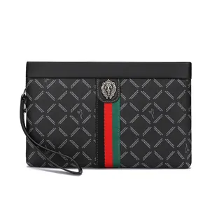 Men's black business clutch bag with embossed lion emblem and signature striped ribbon