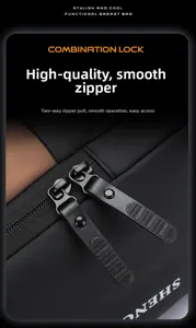 Close-up of smooth two-way zippers and high-quality nylon fabric on men's crossbody bag