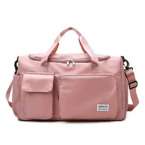 Bolso de viaje grande de nailon rosa con correa ajustable y diseño de múltiples bolsillos