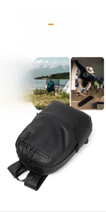Detailed view of black multi-functional backpack with waterproof matte finish and zippered pockets