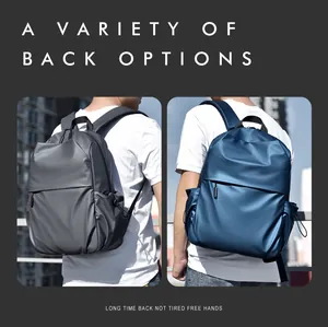 Dark gray and blue waterproof nylon backpacks showing ergonomic straps and side pockets
