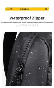 Close-up of waterproof zipper and water droplets on durable black laptop backpack fabric