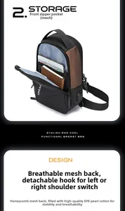 Detail of breathable mesh back and USB charging port on functional men's chest bag