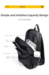 Detail view of large capacity backpack with 14 inch laptop compartment and multi-pockets
