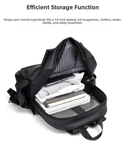 Detail view of large capacity backpack interior showing 14 inch laptop compartment and lining