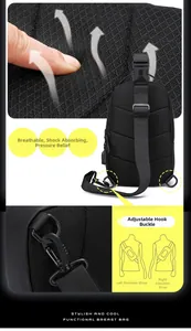 Detail of breathable mesh back padding and adjustable hooks on black crossbody chest bag