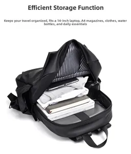 Interior view of black backpack showing a 14-inch laptop sleeve and A4 magazine storage