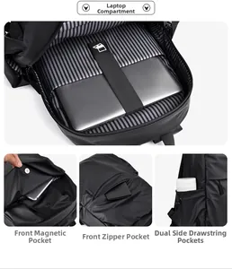 Detail view of laptop compartment with elastic strap and magnetic closure pockets