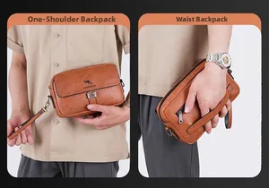 Brown leather pouch detailing with handheld strap and back wristlet handle options