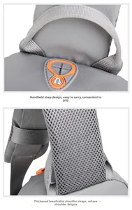 Detail of webbing handle and thickened breathable mesh shoulder straps on grey chest bag